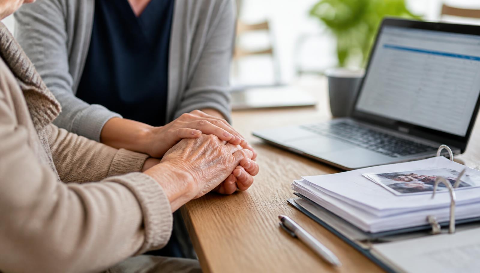 Hände einer Pflegekraft stützen die Hand einer älteren Person, daneben Unterlagen und ein Laptop mit Pflegeplan