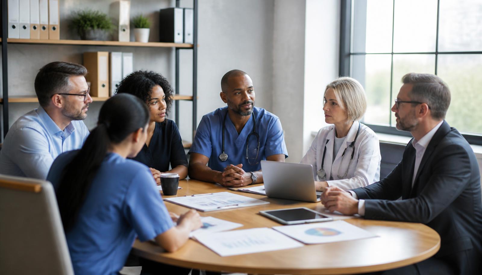 Fachkräfte aus verschiedenen Gesundheitsunternehmen besprechen sich an einem Tisch in einem hellen modernen Büro