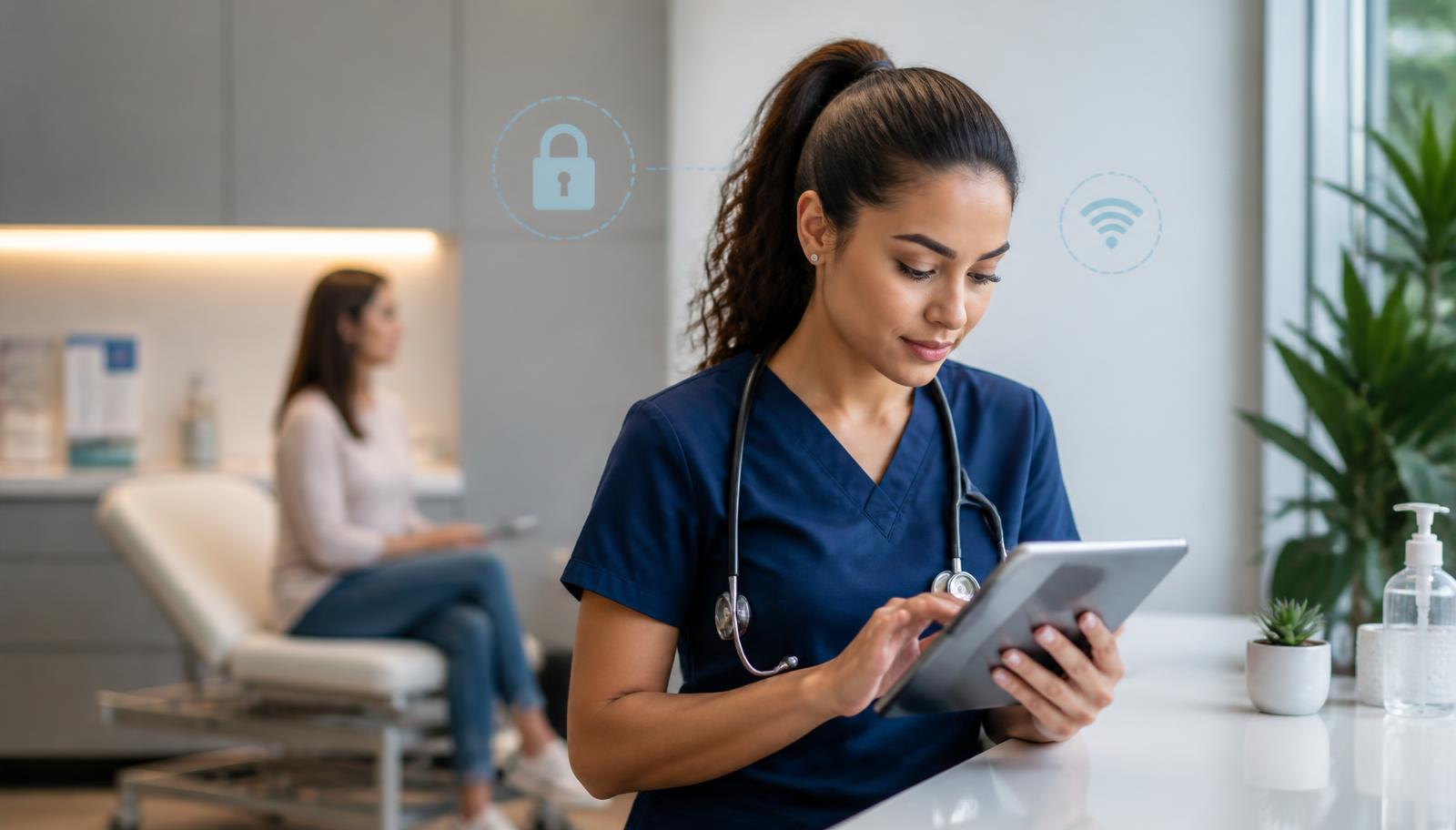 Pflegekraft dokumentiert digital mit einem Tablet in einem modernen Büro eines ambulanten Pflegedienstes